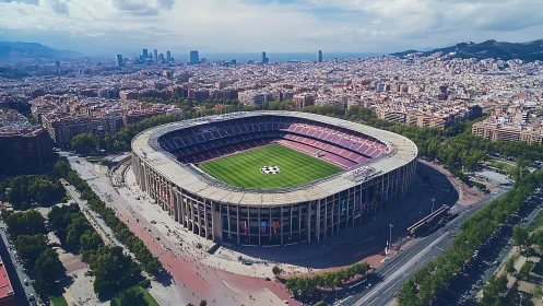 Sunlit city stadium cradled by buzzing Barcelona streets.