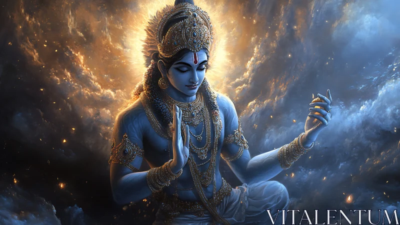 Blue-skinned divine figure seated in luminous cosmic clouds.