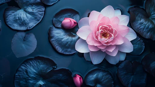 Pink Water Lily Blooming Among Dark Lily Pads