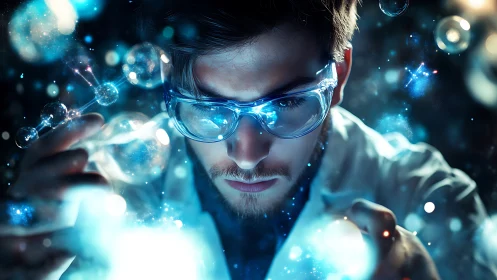 Scientist with molecular graphics in illuminated laboratory space.