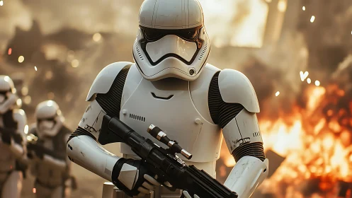 Armored sci fi soldier foregrounded against fiery backdrop.