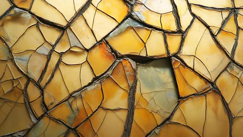 Abstract cracked yellow glass mosaic wall with earthy tones.