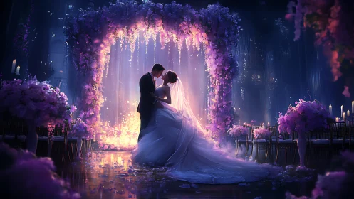 Romantic couple under luminous floral wedding archway.