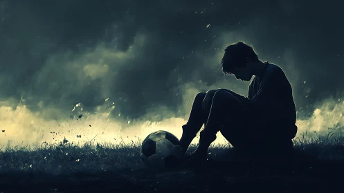 Solitary boy and soccer ball sit in a brooding twilight field.