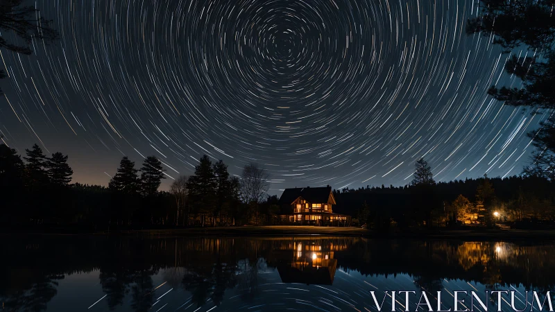Star trail vortex above lakeside cabin in long exposure.