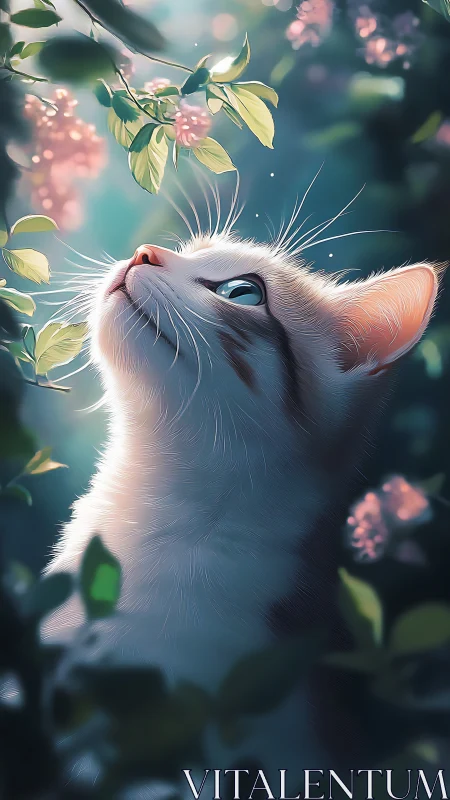 Domestic cat observing flowers in soft garden light.