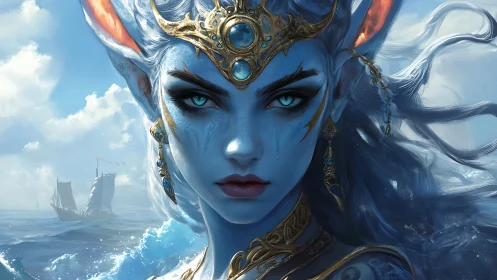 Sea-sorceress gazes over stormlit waves with regal resolve