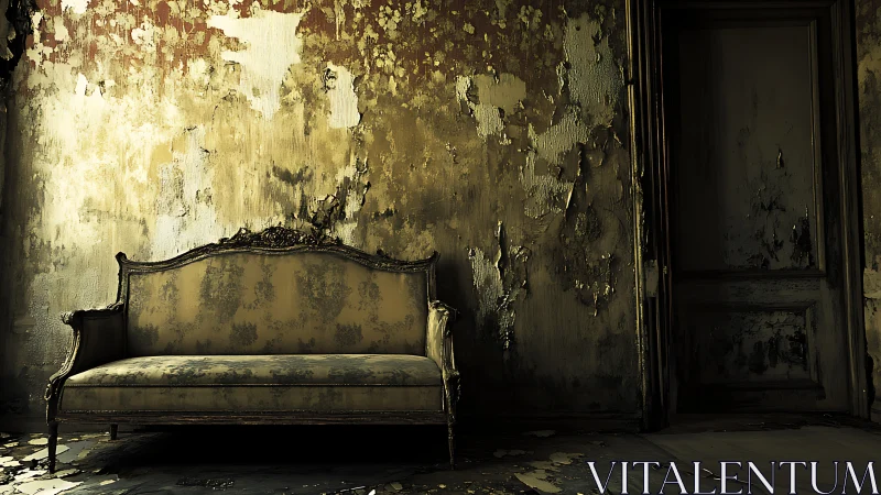 Antique sofa rests in a dim, decaying interior setting.