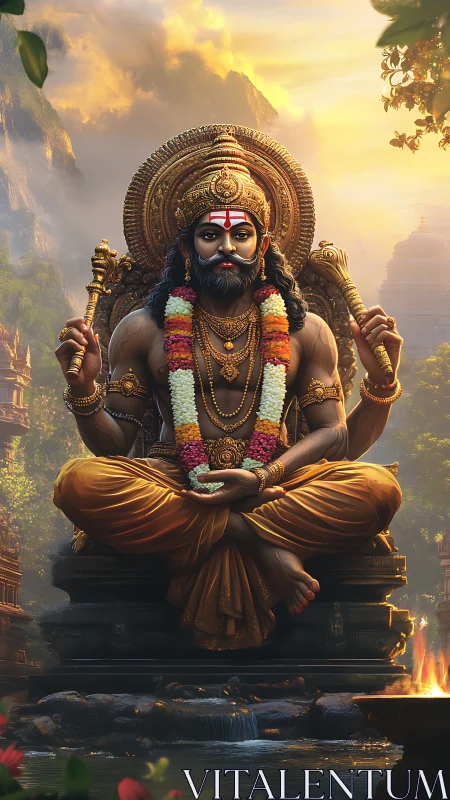 Golden mountain sage in serene sunrise meditation.