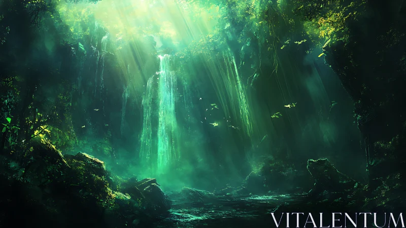 Emerald jungle waterfall glows softly in peaceful hidden light