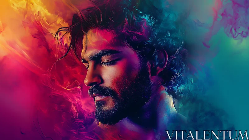 Serene male portrait immersed in vivid swirling color haze.