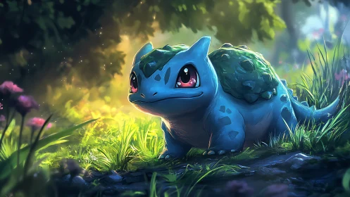 Digital creature stands in backlit forest clearing environment