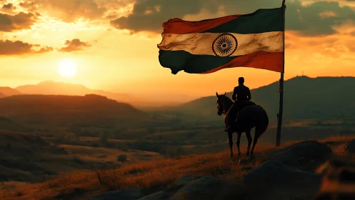 Sunset equestrian silhouette with Indian flag composition.