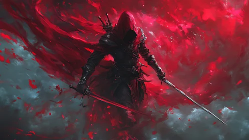 Scarlet rogue strides through stormlit clouds of battle.