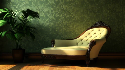 Elegant chaise lounge set against rich green wallpaper.