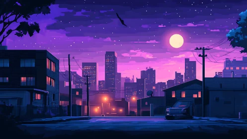 Neon city skyline over quiet suburban street at night.