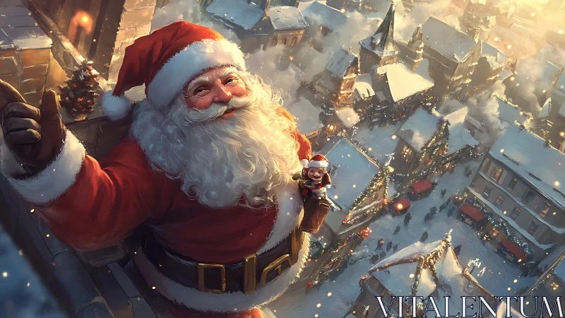 Joyful Santa waves warmly above a glowing snowy town