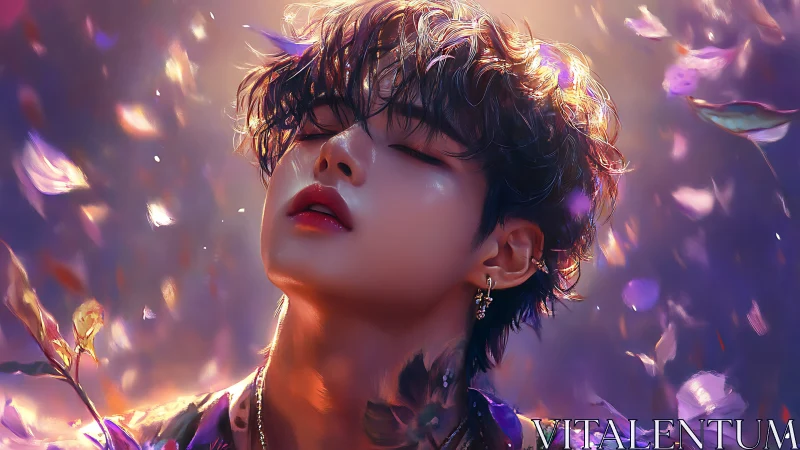 Ethereal floral portrait amid glowing falling petals.