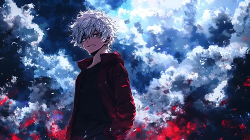 White haired anime boy before stormy clouds and red embers.