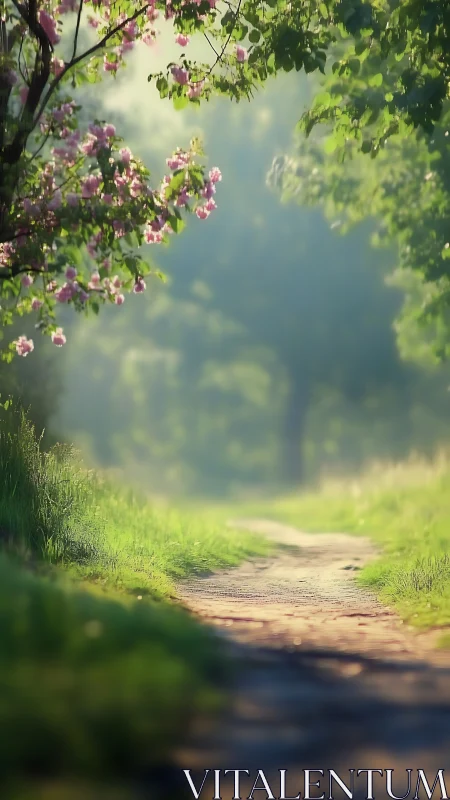 Pink flowering tree frames a misty country path ahead.