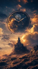 Time-scorched sky cradles a burning clock above ruins