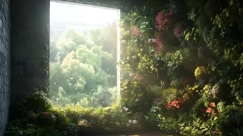 Sunlit vertical garden flourishing beside stone window frame.