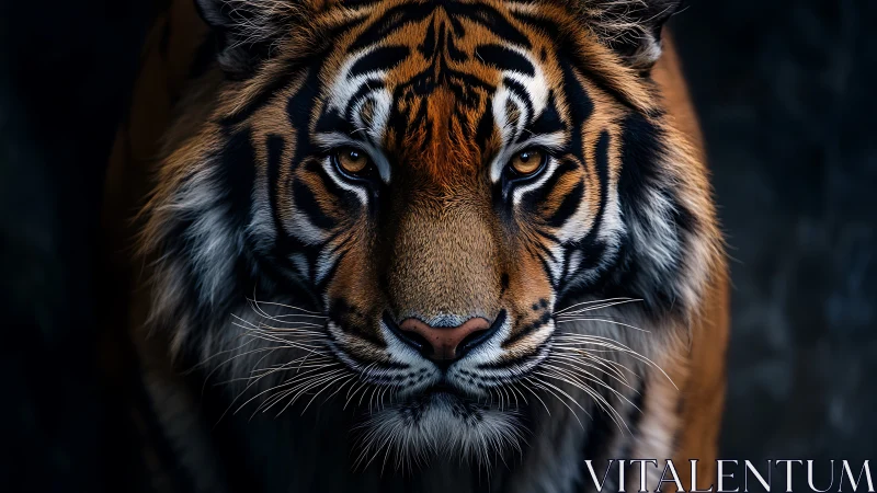 Tiger gaze emerging from shadow in dramatic close portrait.
