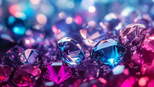 Radiant gemstones shimmer in neon pink and blue light