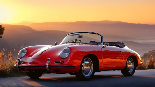 Classic red convertible basks in mountain sunset glow.