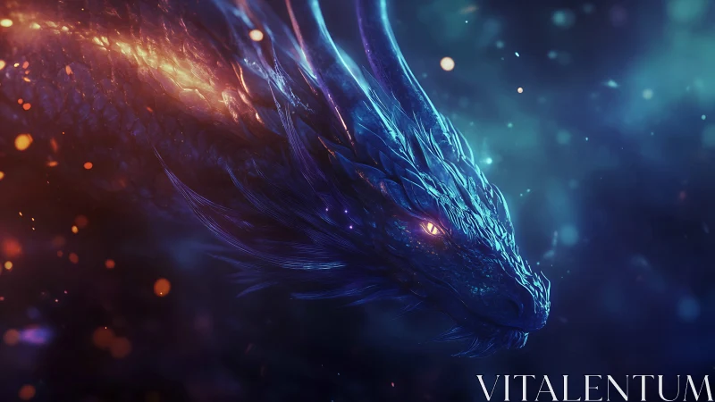 Glowing blue dragon emerges from cosmic embers in twilight