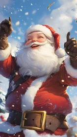 Joyful Santa Claus in snowy festive celebration scene.