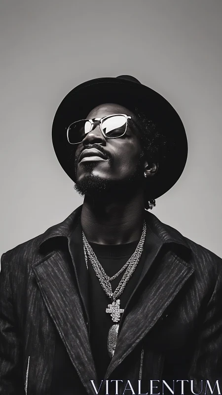 Monochrome portrait of stylish man in hat and layered chains.