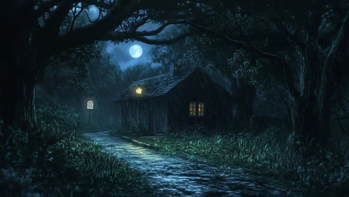 Moonlit forest rain cradles a lone lamplit woodland cabin.