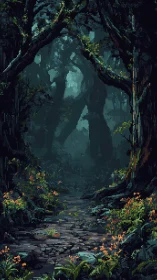 Pixel Art Forest Cave with Stream and Luminous Sky