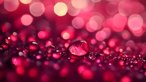 Crimson macro droplets under dreamy bokeh light field.