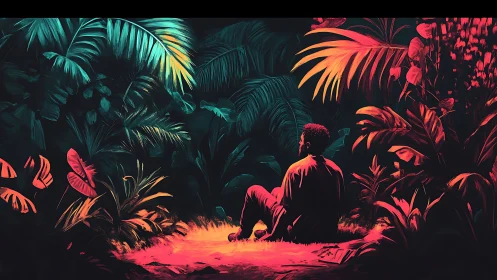 Chromatic jungle interface with seated observer in glow field.