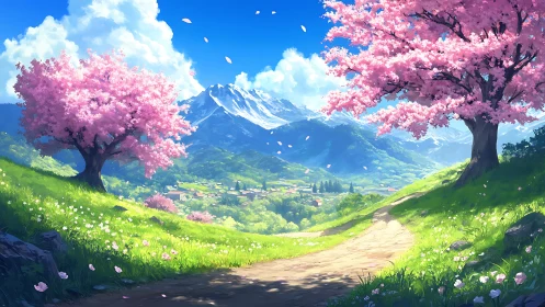 Cherry blossom hillside path facing distant snow peaks.