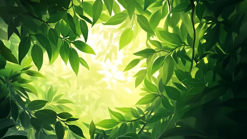 Backlit verdant foliage canopy with radial sunlit clearing