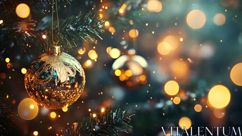Gold ornament on tree branch with blurred lights background.