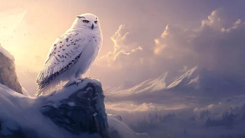 Majestic snowy owl on mountain peak at sunrise, digital painting.