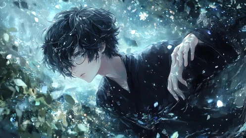 Dark-haired figure lies in luminous blue fragmented environment
