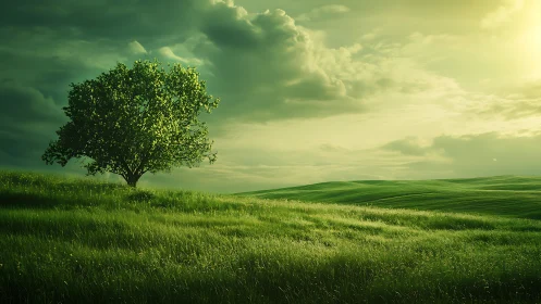 Solitary green tree basking in rolling sunlit dreamfields.