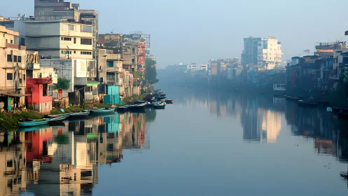 Urban canal is flanked by mid-rise buildings and moored boats