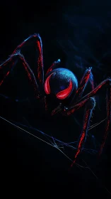 Neon red-eyed spider stalks through dark digital webscape.