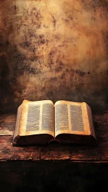 Antique leatherbound folio Bible on rustic timber table, lit warmly