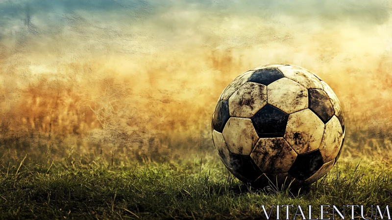 Weathered soccer ball on textured pastoral field backdrop.