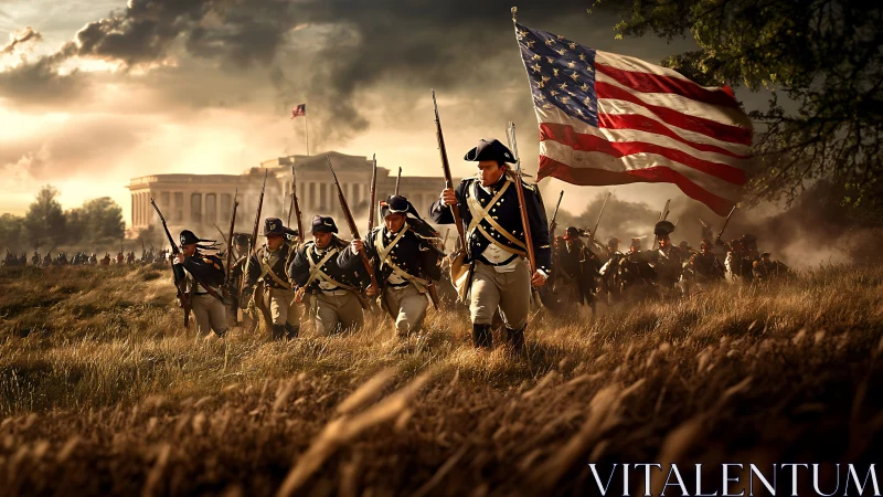 Photorealistic Revolutionary soldiers advance with flag in field.