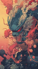 Mythic dragon entity in swirling clouds and flowing forms.