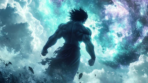 Cosmic stormbreaker warrior amid turbulent nebular vortex.