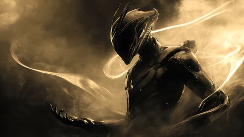 Chromed biomech sentinel in volumetric plasma haze poised.